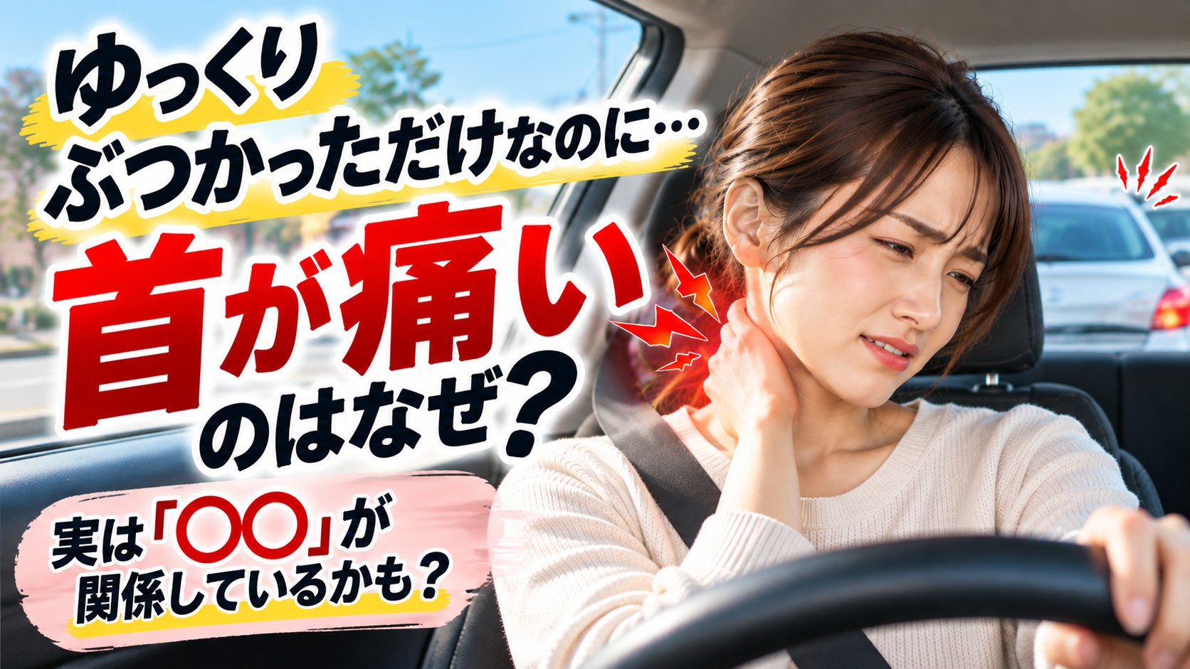 スーパーの駐車場で、バックしてきた車に軽く当てられ、運転席で首の後ろを押さえている女性｜ひなた整骨院