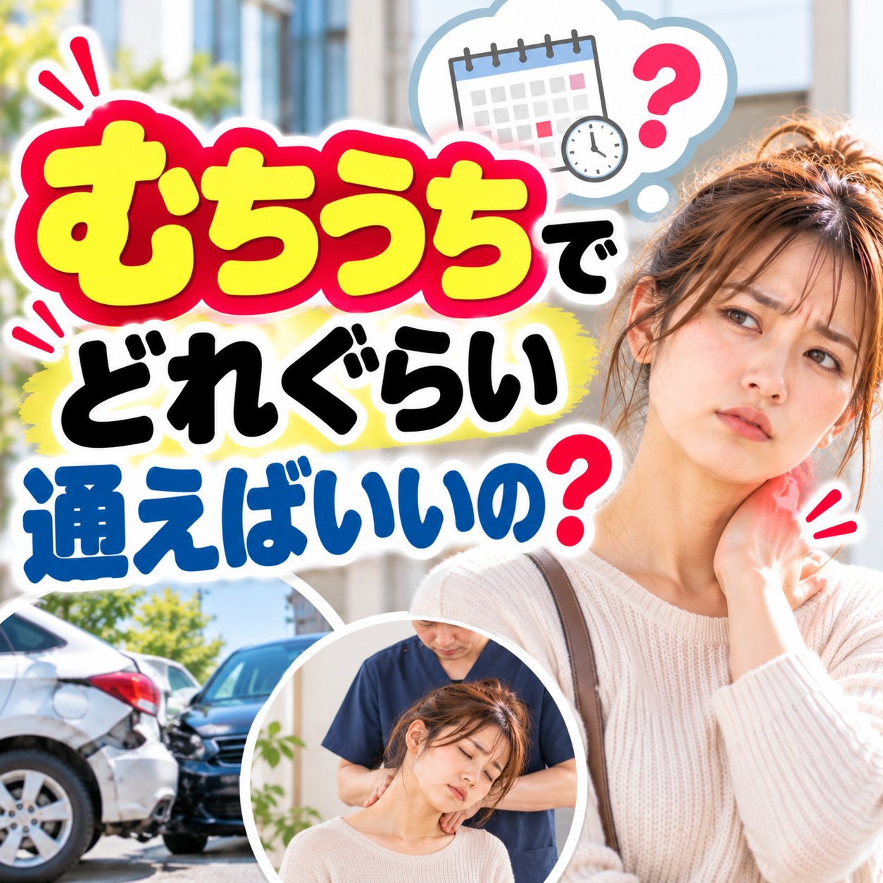 首に手を当てて、むちうちの通院の頻度に悩む女性と、事故の車・施術の様子｜ひなた整骨院