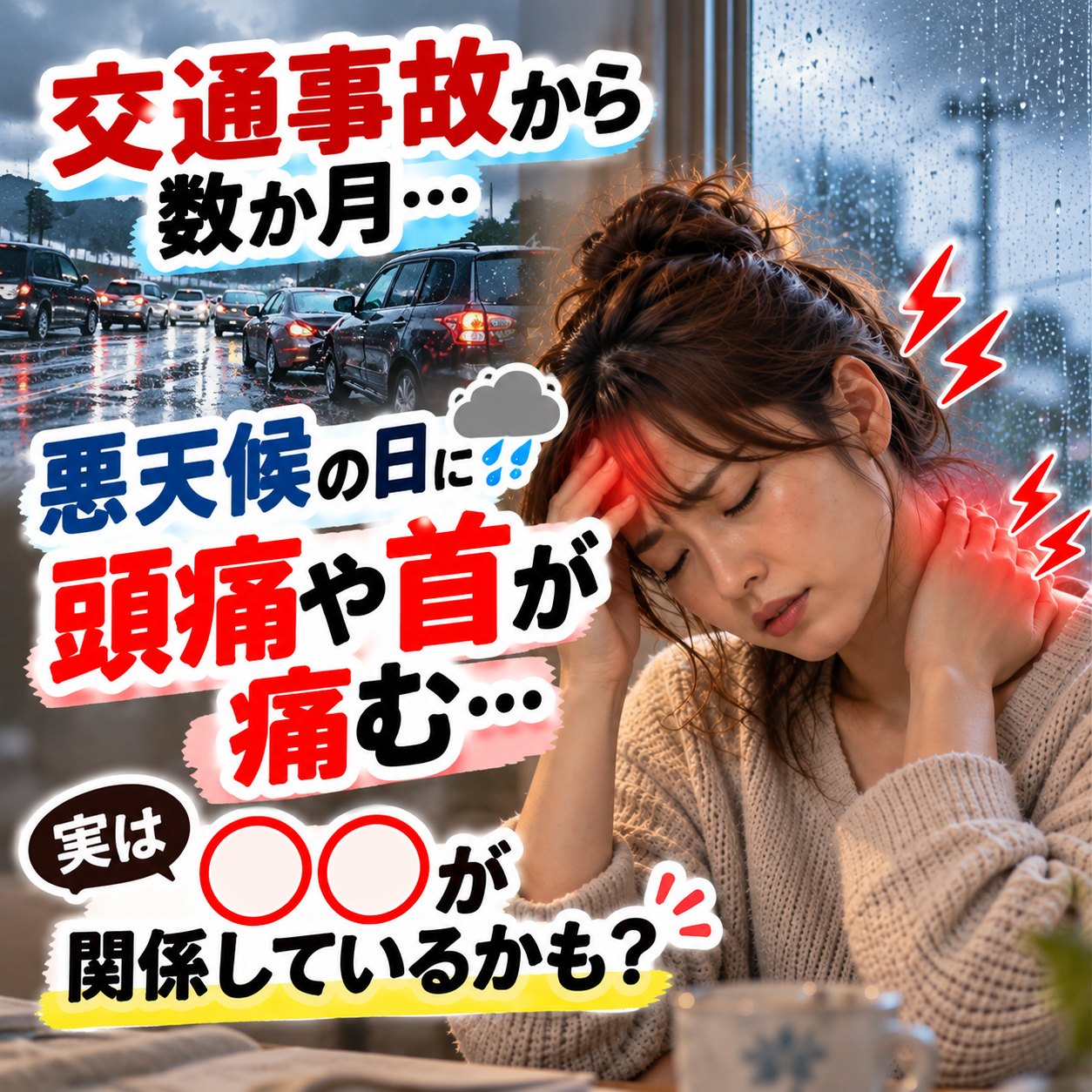 雨の降る寒い朝、窓辺で首の後ろに手を当てて顔をしかめる人｜ひなた整骨院