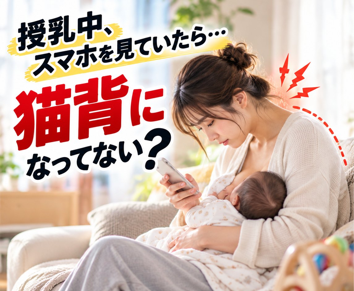 夜のリビングで、赤ちゃんに授乳しながら片手のスマホを見下ろして首を丸めているママ｜ひなた整骨院