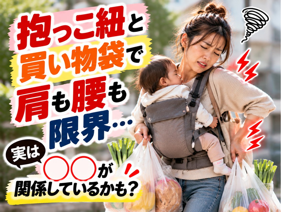 スーパーからの帰り道、赤ちゃんを片腕で抱っこし、もう片方の手に重い買い物袋を持って肩を下げているママ｜ひなた整骨院