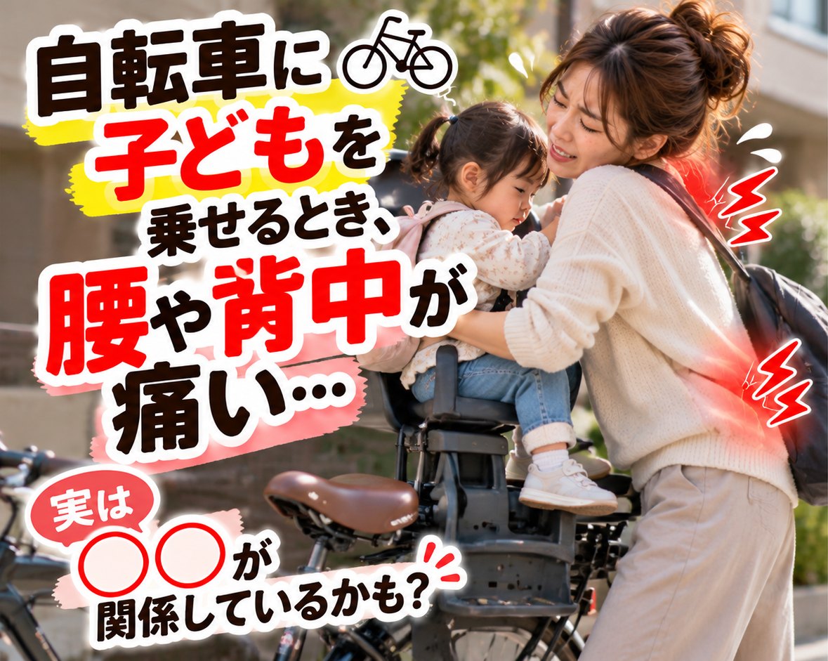 前と後ろに子どもを乗せた子乗せ自転車を支えながら、腰に手を当てるママ｜ひなた整骨院