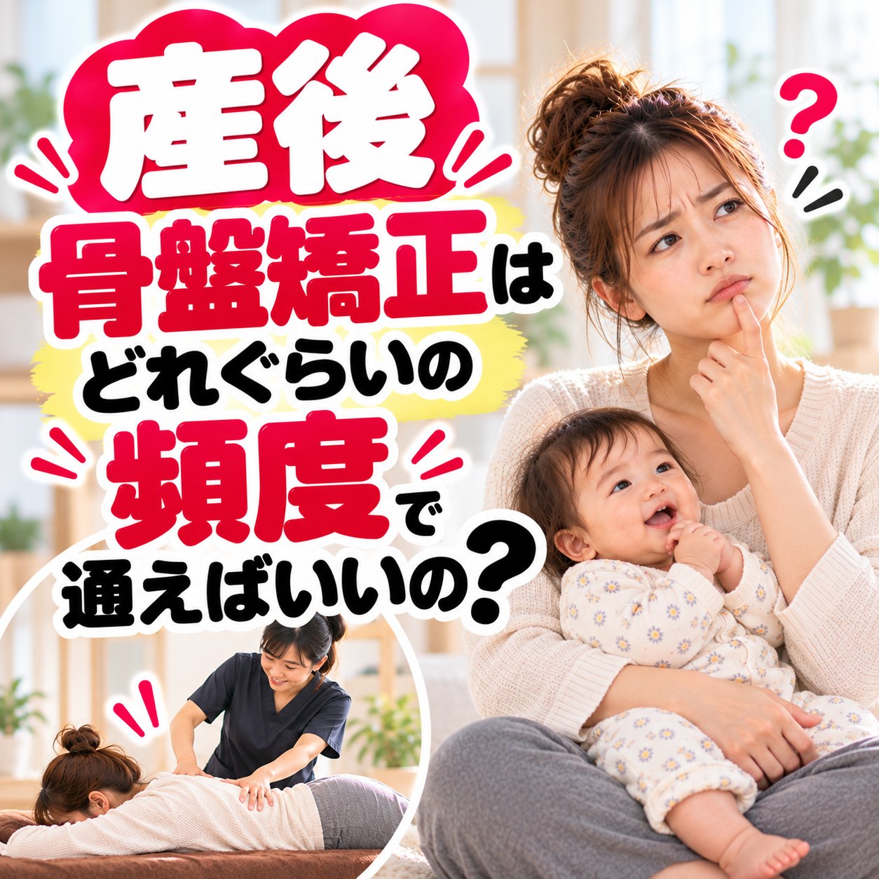 カレンダーを見ながら、赤ちゃんを抱いて骨盤矯正の予定を考える産後のママ｜ひなた整骨院