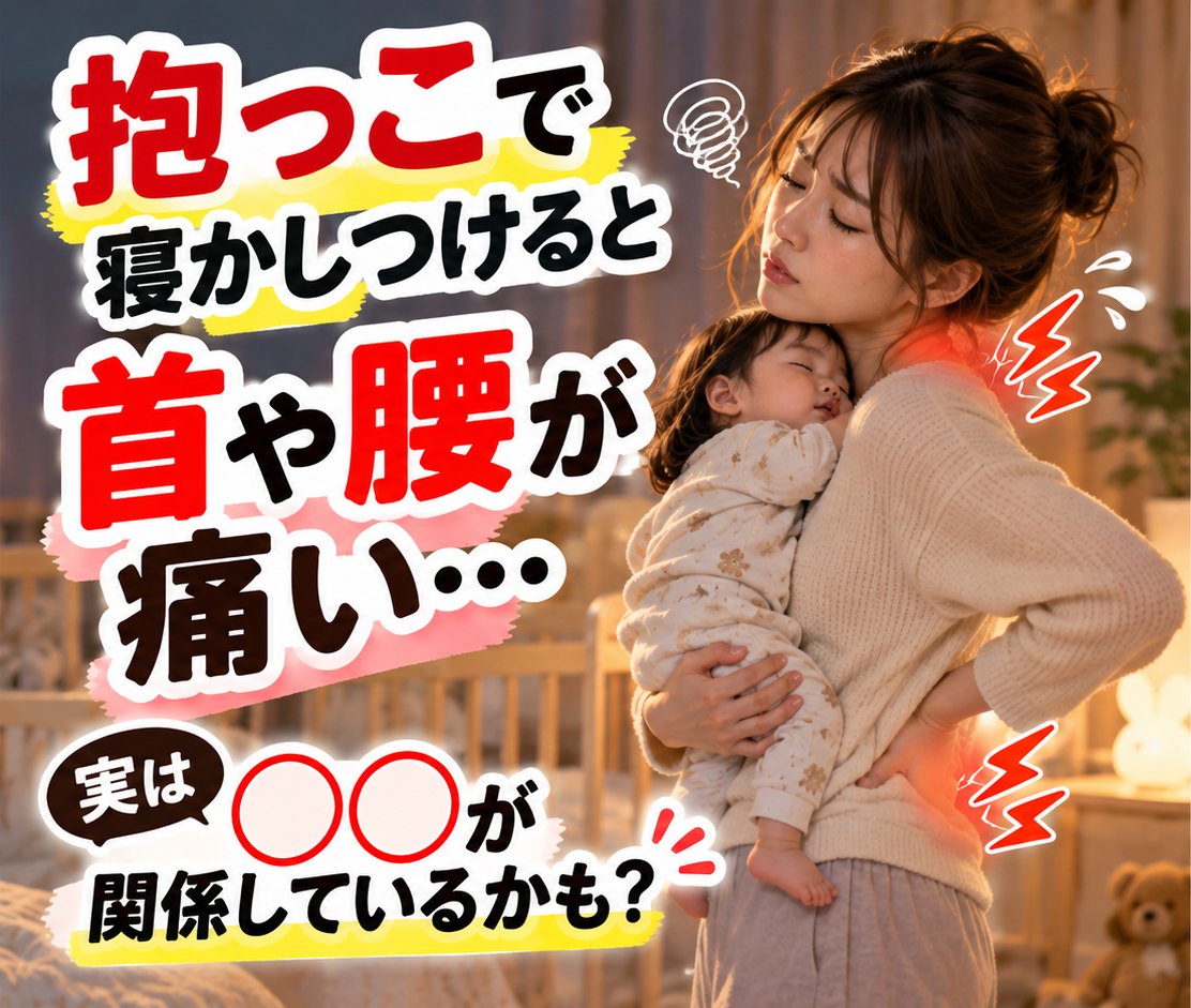 夜の寝室で赤ちゃんを抱っこして揺らしながら、腰に手を当てる産後のママ｜ひなた整骨院