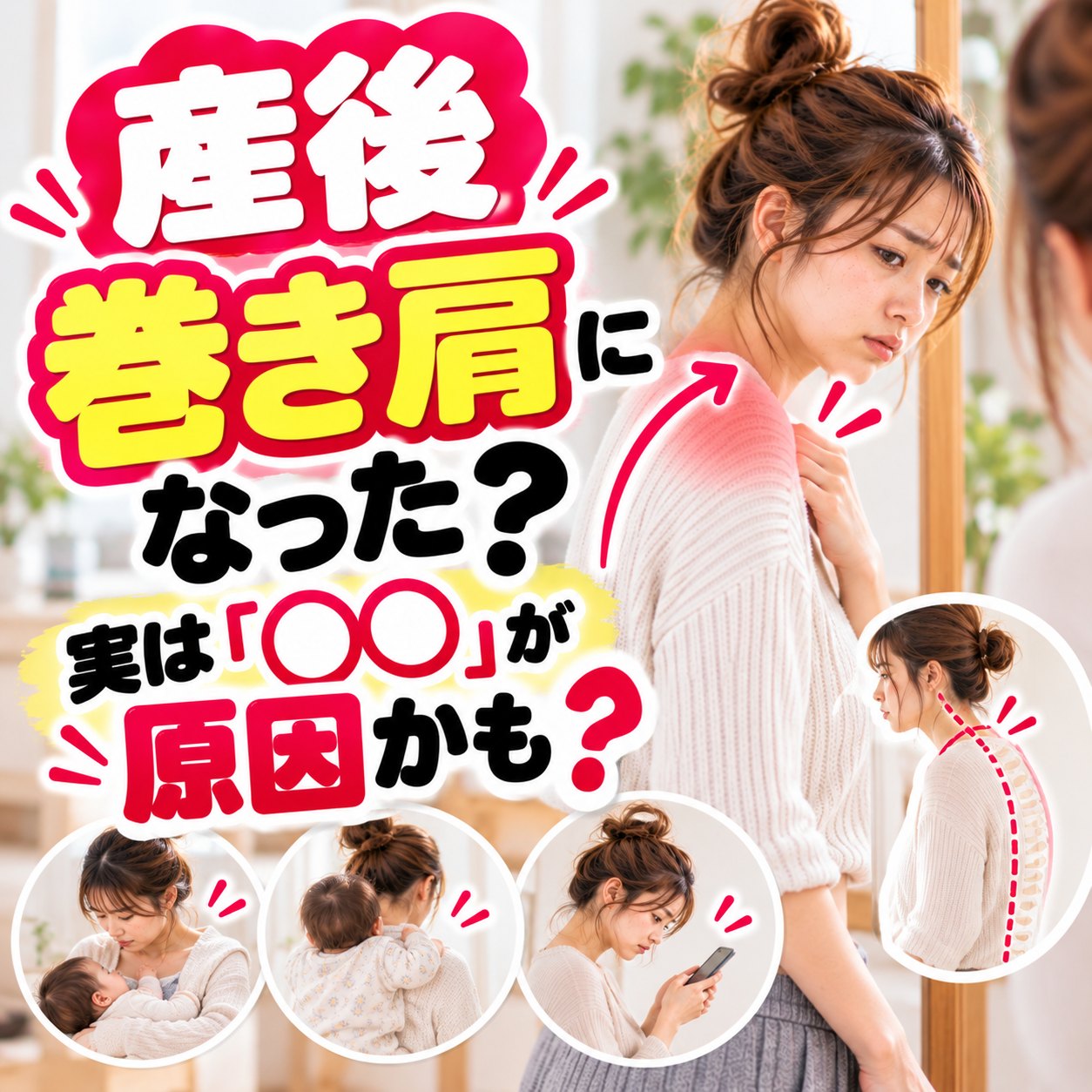 鏡の前で前に入った肩を気にする産後のママと、授乳・抱っこ・スマホで丸まる姿勢｜ひなた整骨院