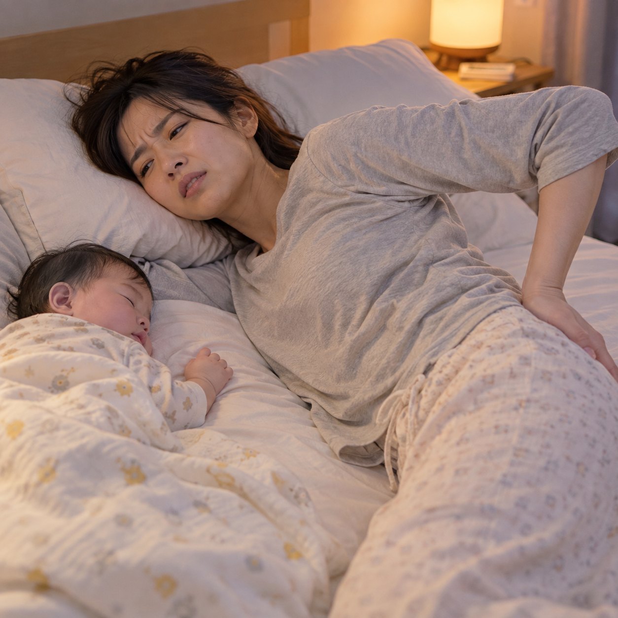 添い寝で寝返りが打てない産後ママの腰痛と夜の骨盤ケア｜ひなた整骨院