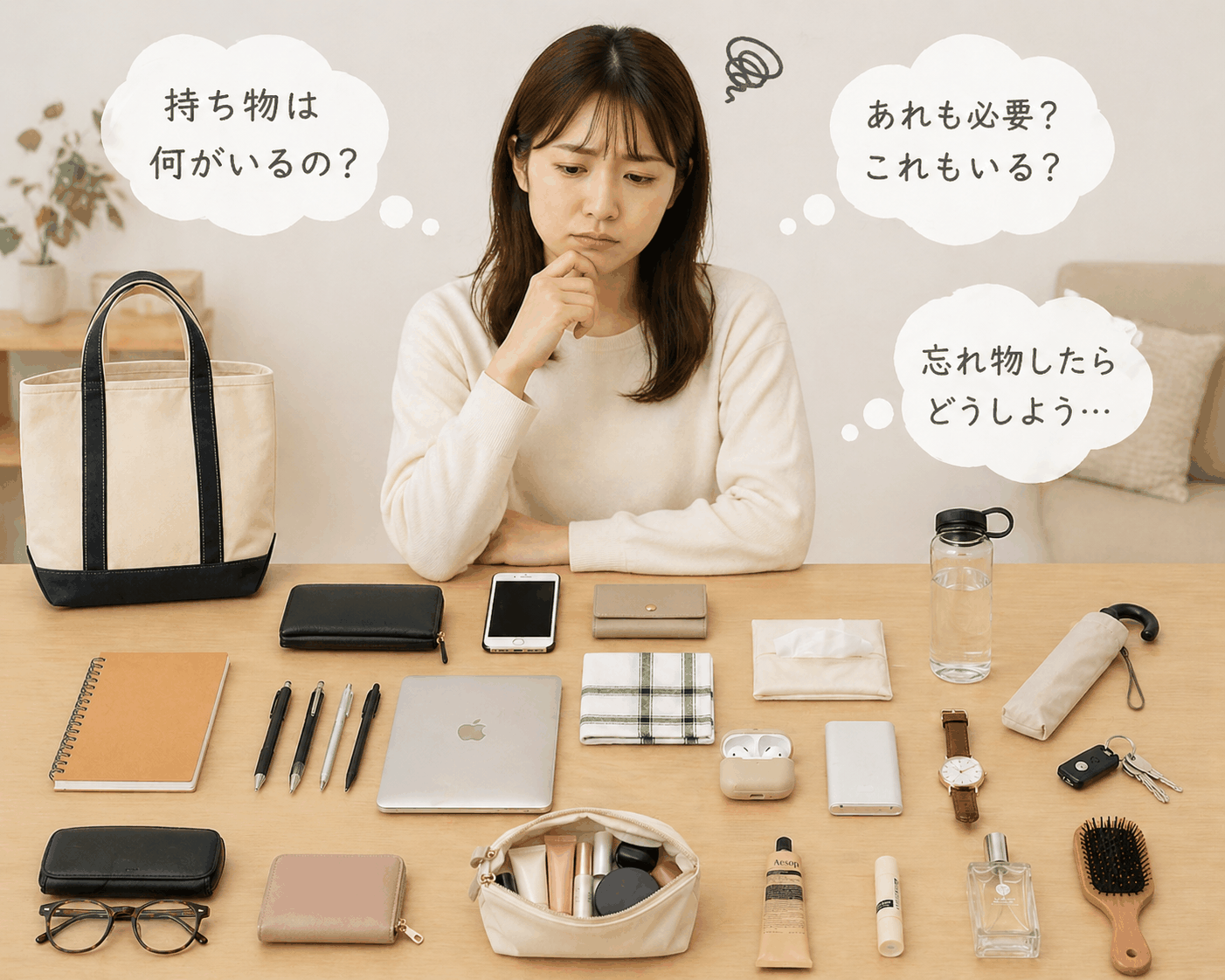 持ち物に悩む女性のイラスト