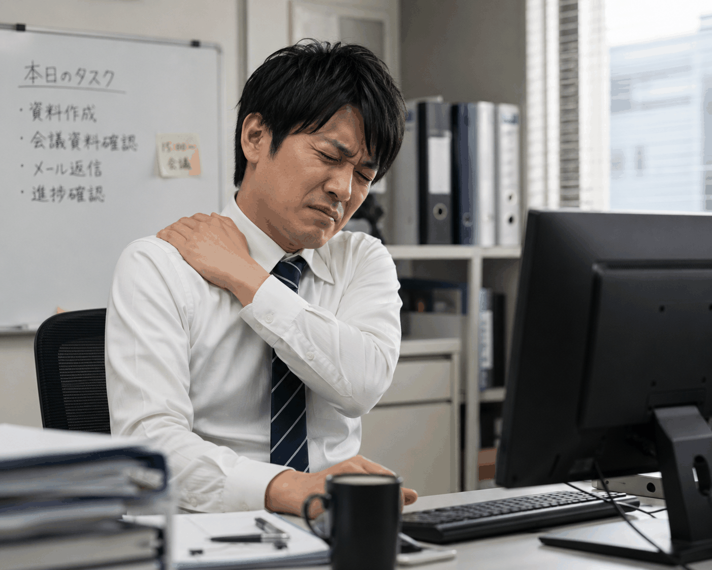 デスクワークで肩こりに悩む男性