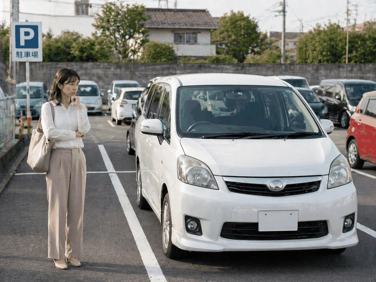 駐車場で車を停める場所を確認する女性