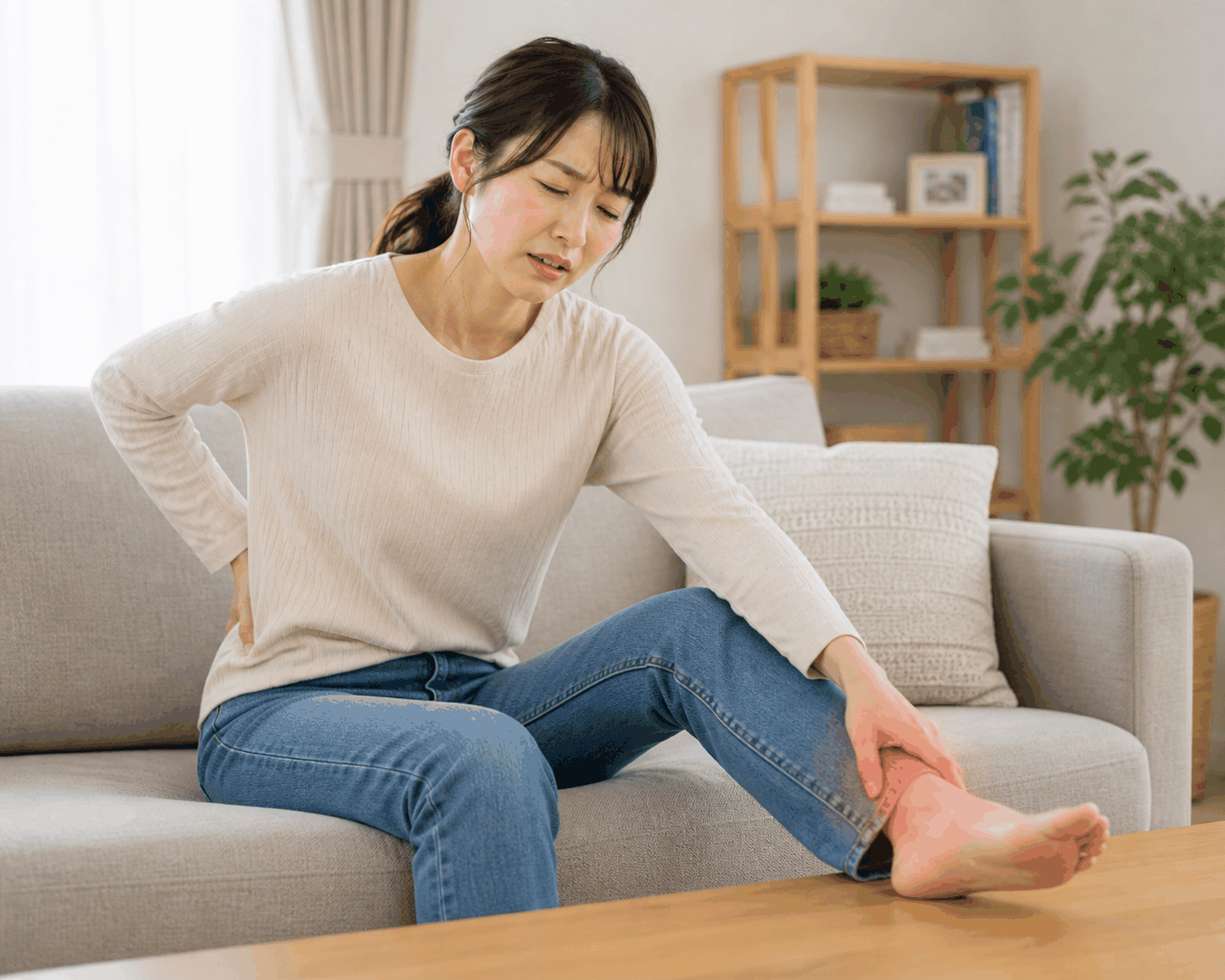 ソファで腰と脚の痛みに悩む女性
